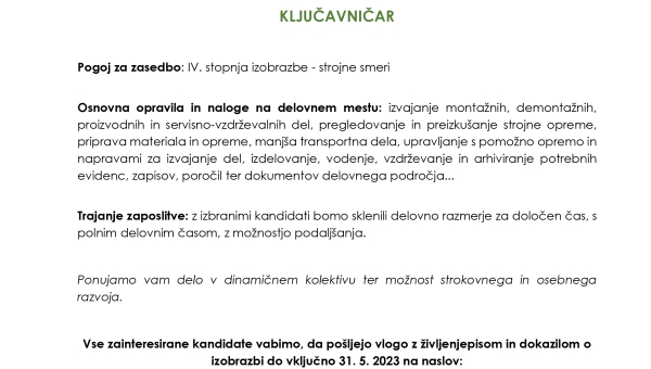 Objava prostega delovnega mesta - KLJUČAVNIČAR